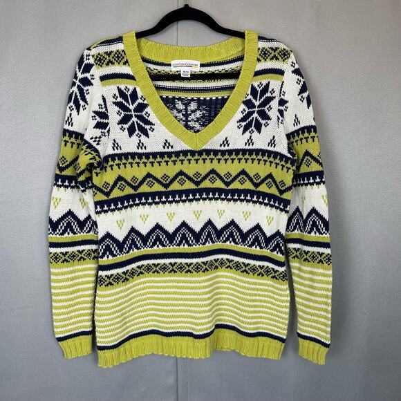 Women's Cotton Country Blue Green Striped Snowflake Knit V Neck Sweater- Size M - Picture 1 of 6